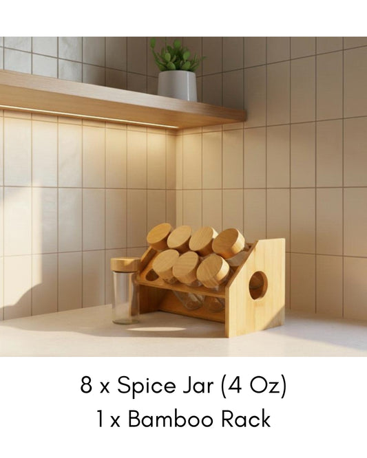 8-Piece Glass Spice Jar Set with Bamboo Rack - 4 Oz Jars with Airtight Bamboo Lids - Countertop Kitchen Organizer