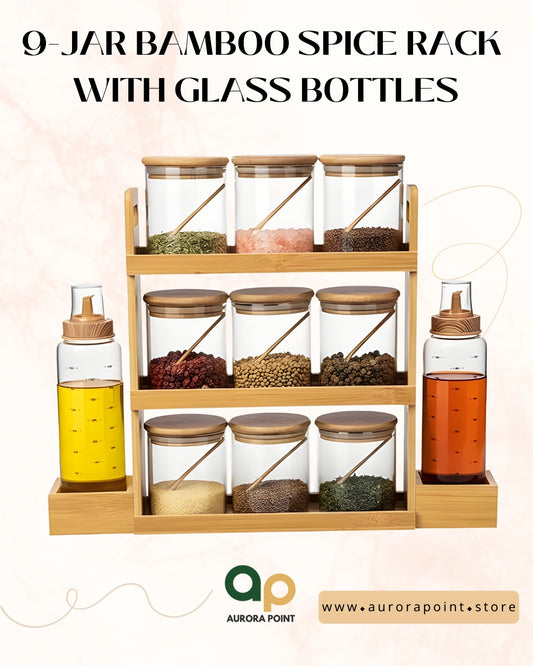 11 Pieces Bamboo Spice Rack with Glass Bottles - Premium Glass Kitchen Organizer
