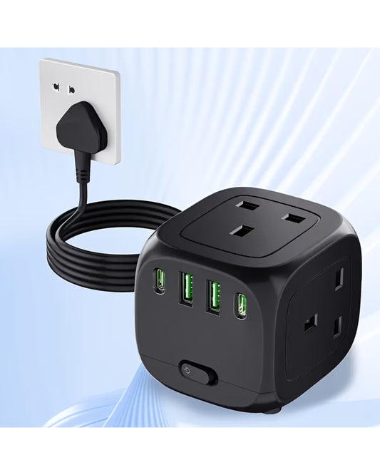 Multifunctional 7-in-1 Power Strip Cube with 3 UK Outlets, 2 USB-C & 2 USB-A Ports – Portable Travel Desktop Extension Lead