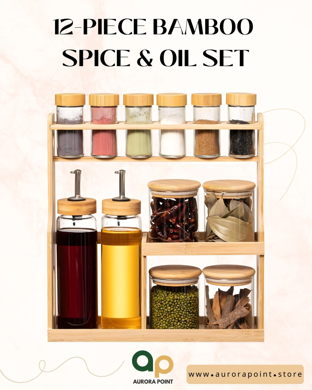 12-Piece Bamboo Spice & Oil Set - Premium Glass Kitchen Organizer
