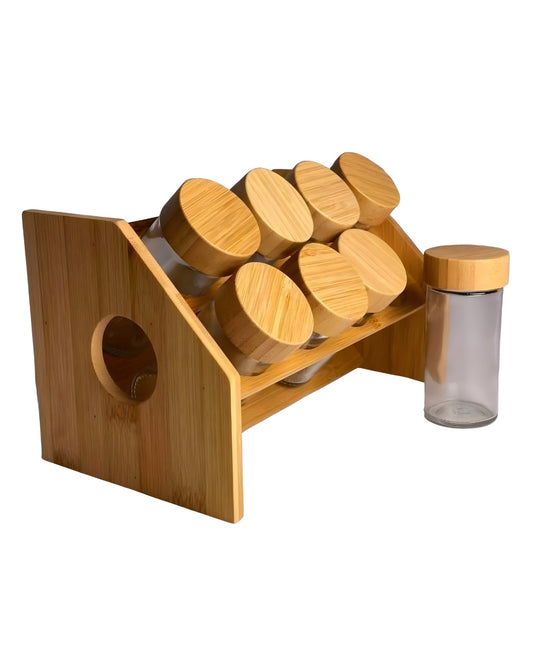 8-Piece Glass Spice Jar Set with Bamboo Rack - 4 Oz Jars with Airtight Bamboo Lids - Countertop Kitchen Organizer