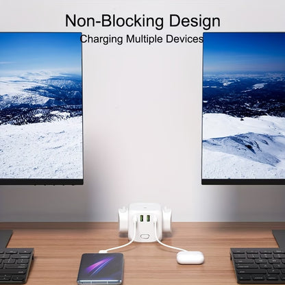 Multifunctional 7-in-1 Power Strip Cube with 3 UK Outlets, 2 USB-C & 2 USB-A Ports – Portable Travel Desktop Extension Lead