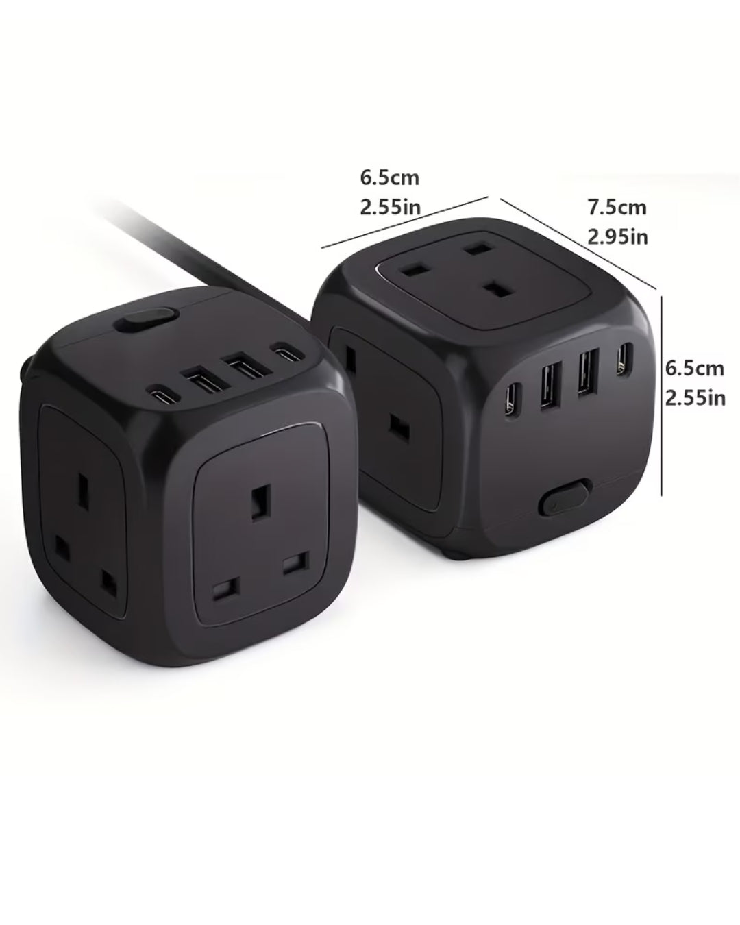Multifunctional 7-in-1 Power Strip Cube with 3 UK Outlets, 2 USB-C & 2 USB-A Ports – Portable Travel Desktop Extension Lead