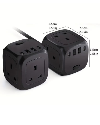 Multifunctional 7-in-1 Power Strip Cube with 3 UK Outlets, 2 USB-C & 2 USB-A Ports – Portable Travel Desktop Extension Lead