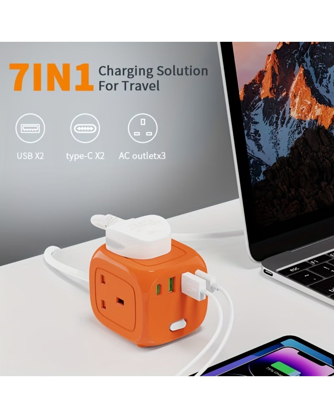Multifunctional 7-in-1 Power Strip Cube with 3 UK Outlets, 2 USB-C & 2 USB-A Ports – Portable Travel Desktop Extension Lead