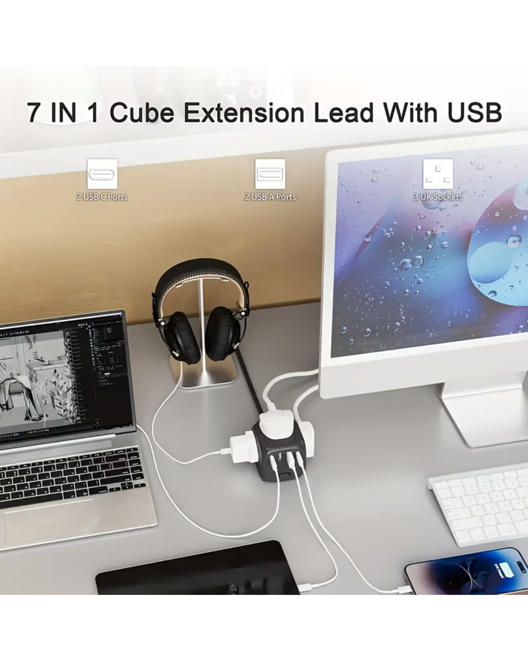 Multifunctional 7-in-1 Power Strip Cube with 3 UK Outlets, 2 USB-C & 2 USB-A Ports – Portable Travel Desktop Extension Lead