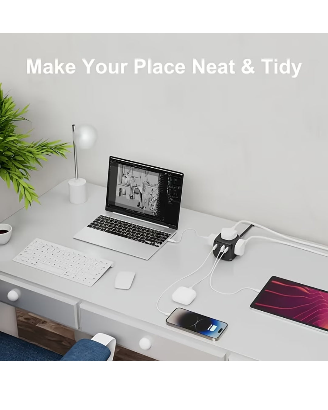 Multifunctional 7-in-1 Power Strip Cube with 3 UK Outlets, 2 USB-C & 2 USB-A Ports – Portable Travel Desktop Extension Lead