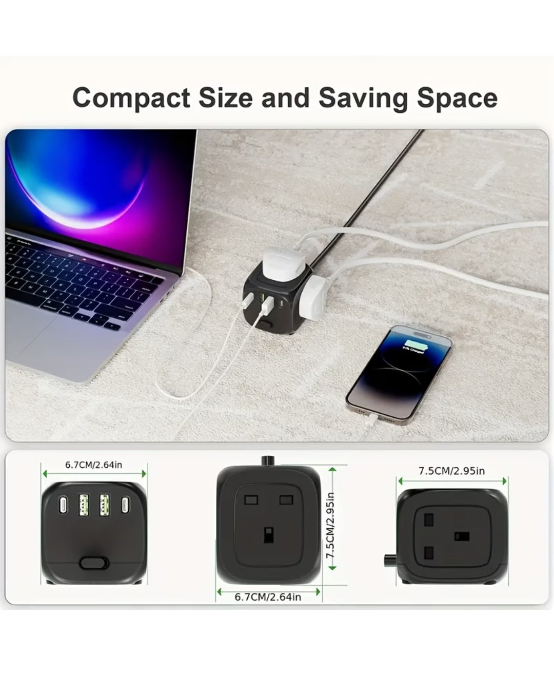 Multifunctional 7-in-1 Power Strip Cube with 3 UK Outlets, 2 USB-C & 2 USB-A Ports – Portable Travel Desktop Extension Lead