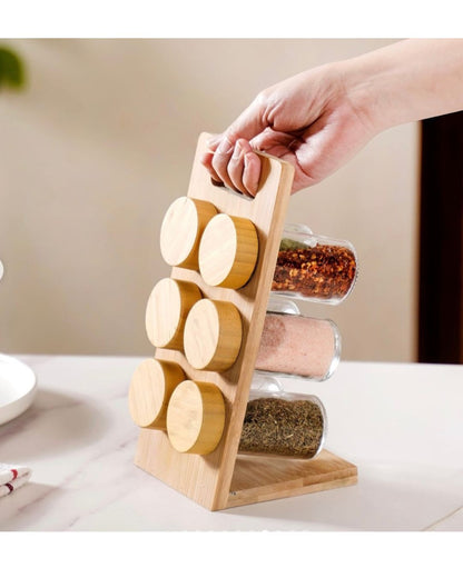 6-Piece Glass Spice Jar Set with Bamboo Rack - 4 oz Jars - Airtight Bamboo Lids - Countertop Kitchen Organizer