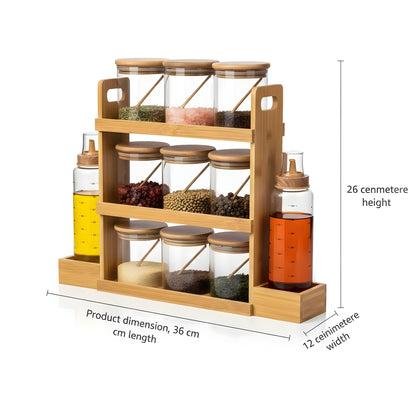 11 Pieces Bamboo Spice Rack with Glass Bottles - Premium Glass Kitchen Organizer