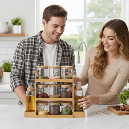 11 Pieces Bamboo Spice Rack with Glass Bottles - Premium Glass Kitchen Organizer