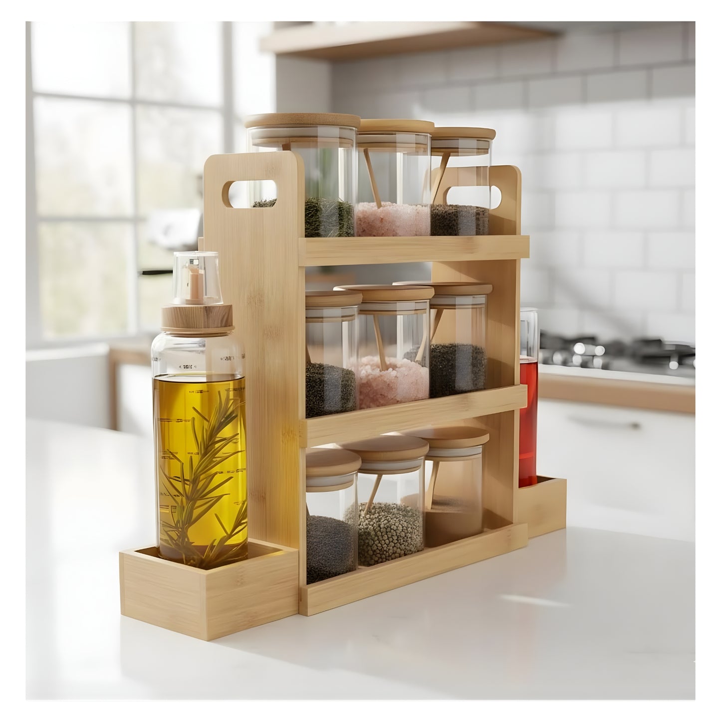 11 Pieces Bamboo Spice Rack with Glass Bottles - Premium Glass Kitchen Organizer