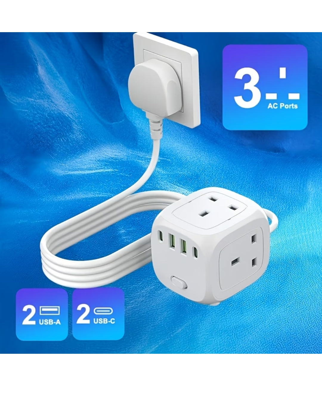Multifunctional 7-in-1 Power Strip Cube with 3 UK Outlets, 2 USB-C & 2 USB-A Ports – Portable Travel Desktop Extension Lead