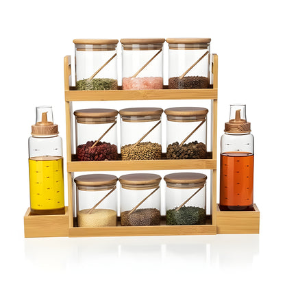 11 Pieces Bamboo Spice Rack with Glass Bottles - Premium Glass Kitchen Organizer