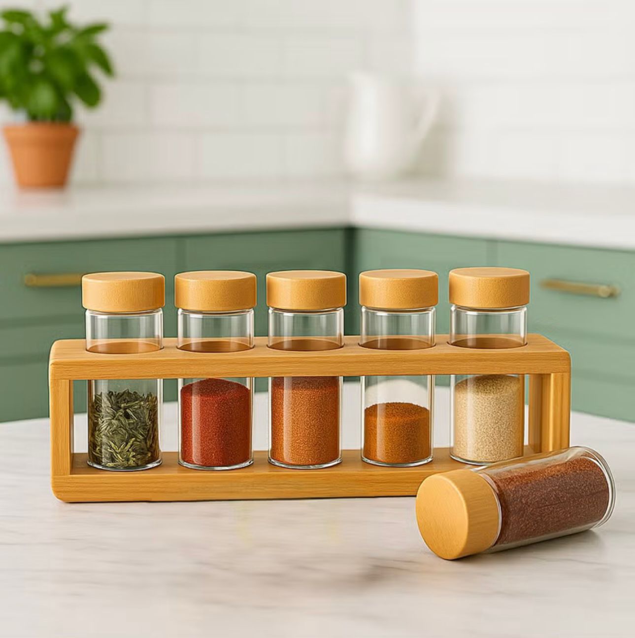 6-Piece Glass Spice Jar Set with Bamboo Rack - 4 oz Jars - Airtight Bamboo Lids - Countertop Kitchen Organizer