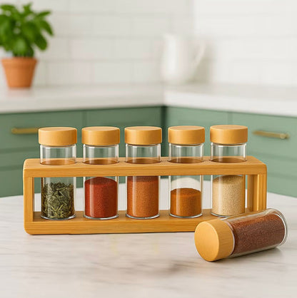6-Piece Glass Spice Jar Set with Bamboo Rack - 4 oz Jars - Airtight Bamboo Lids - Countertop Kitchen Organizer