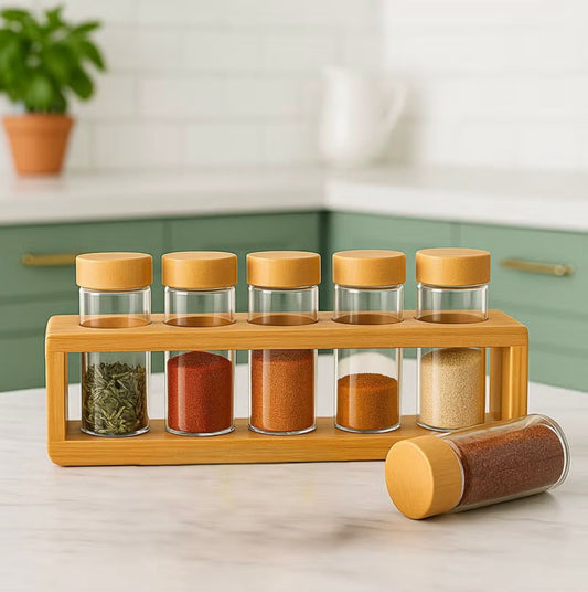 6-Piece Glass Spice Jar Set with Bamboo Rack - 4 oz Jars - Airtight Bamboo Lids - Countertop Kitchen Organizer