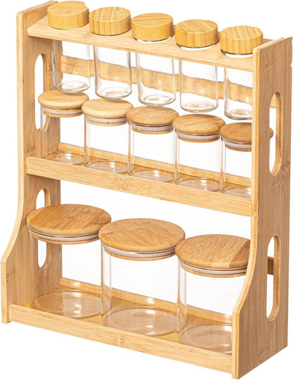 Bamboo Spice Rack Set with 13 Glass Jars and Airtight Wooden Lids – 3 Tier Kitchen Organizer – Transparent Storage Containers for Spices, Nuts & Snacks