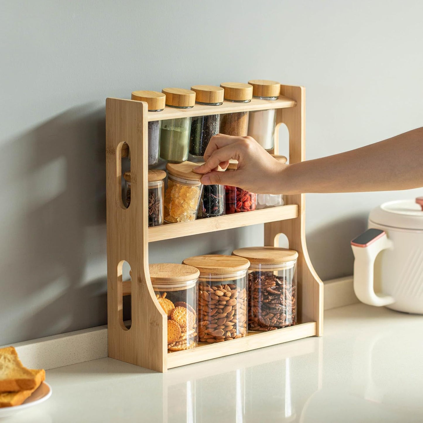Bamboo Spice Rack Set with 13 Glass Jars and Airtight Wooden Lids – 3 Tier Kitchen Organizer – Transparent Storage Containers for Spices, Nuts & Snacks