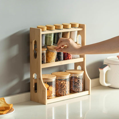 Bamboo Spice Rack Set with 13 Glass Jars and Airtight Wooden Lids – 3 Tier Kitchen Organizer – Transparent Storage Containers for Spices, Nuts & Snacks