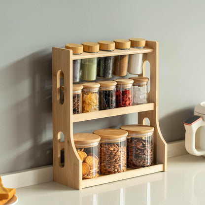 Bamboo Spice Rack Set with 13 Glass Jars and Airtight Wooden Lids – 3 Tier Kitchen Organizer – Transparent Storage Containers for Spices, Nuts & Snacks