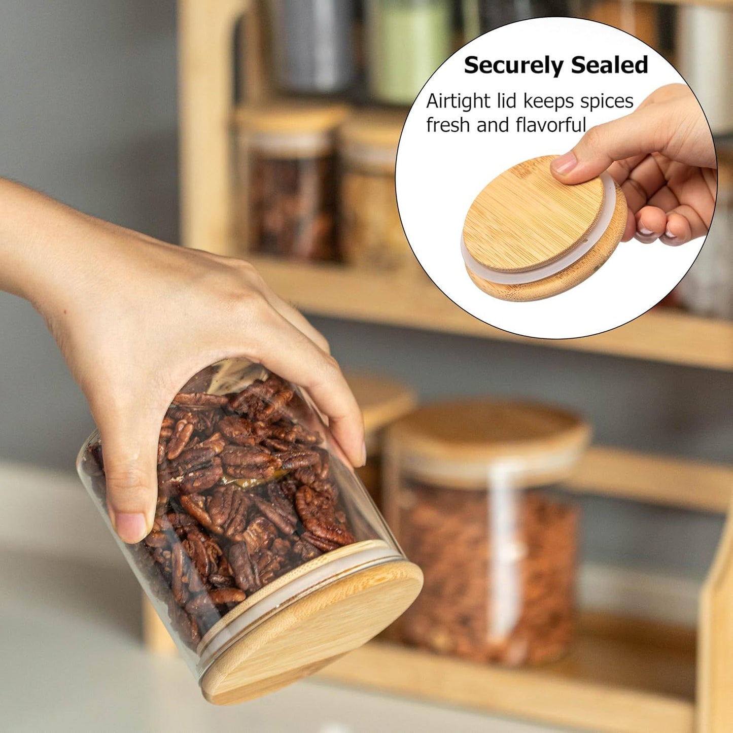 Bamboo Spice Rack Set with 13 Glass Jars and Airtight Wooden Lids – 3 Tier Kitchen Organizer – Transparent Storage Containers for Spices, Nuts & Snacks