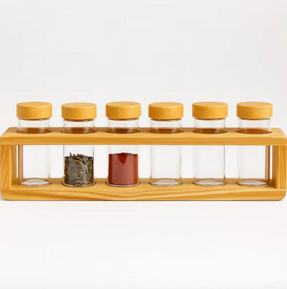 6-Piece Glass Spice Jar Set with Bamboo Rack - 4 oz Jars - Airtight Bamboo Lids - Countertop Kitchen Organizer