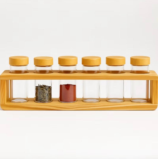 6-Piece Glass Spice Jar Set with Bamboo Rack - 4 oz Jars - Airtight Bamboo Lids - Countertop Kitchen Organizer