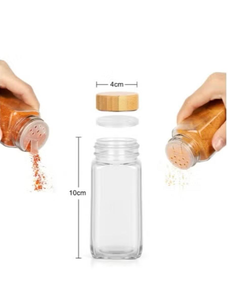 6-Piece Glass Spice Jar Set with Bamboo Rack - 4 oz Jars - Airtight Bamboo Lids - Countertop Kitchen Organizer