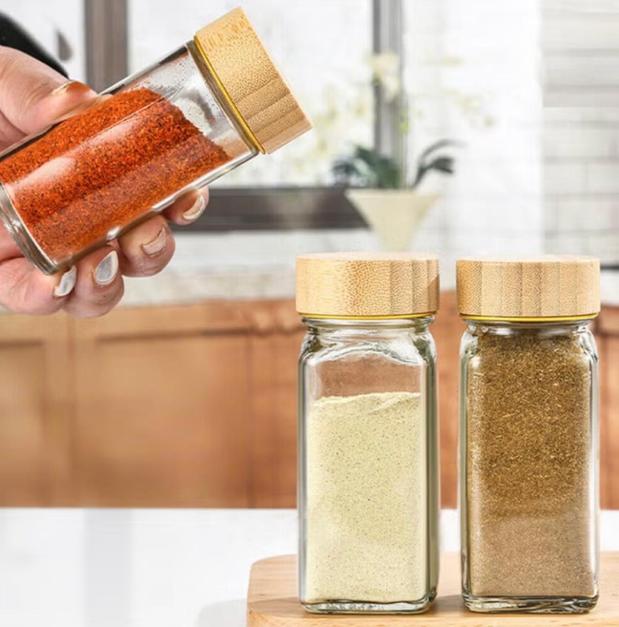6-Piece Glass Spice Jar Set with Bamboo Rack - 4 oz Jars - Airtight Bamboo Lids - Countertop Kitchen Organizer